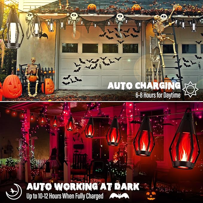 iBaycon Solar Halloween Lights, 42Ft 15 LED Bulbs Flickering Flame String Light, Outdoor Waterproof Solar Flame Lights for Garden Yard Patio Halloween Decorations (Red)