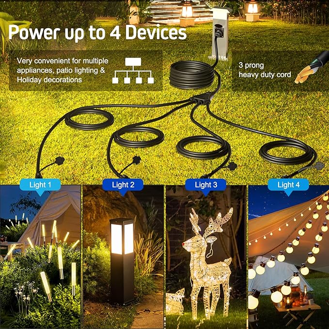 Eversimpleinc Black 1 to 4 Splitter Extension Cord (Combined 46 FT, End to End 28 FT), 3 Prong Plug with 4 Extended Outlets, with Weatherproof Covers for Indoor and Outdoor