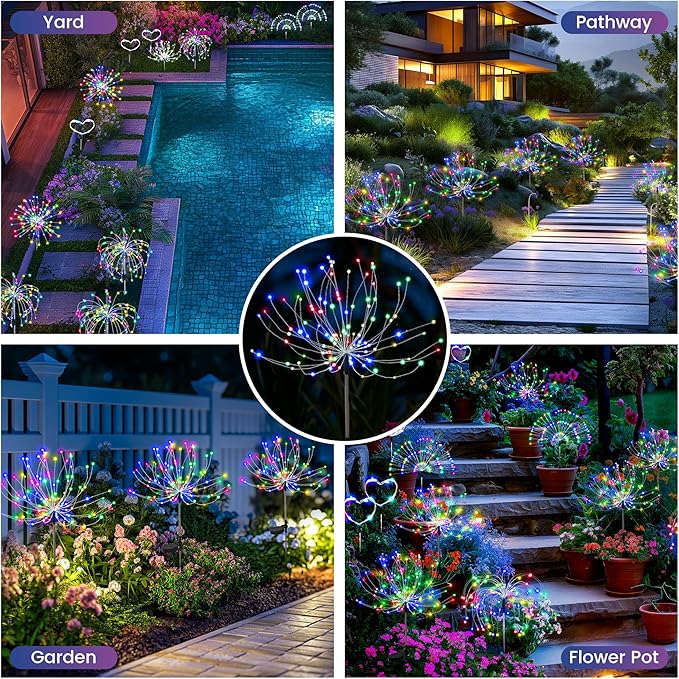 PEVOROS Garden Decor Solar Lights Outdoor,120LED Waterproof Colorful Solar Fairy Garden Lights for Outdoor Decoration,Yard, Patio, Porch,Flower Pot,Pathway, for 4th of July(4Pack)