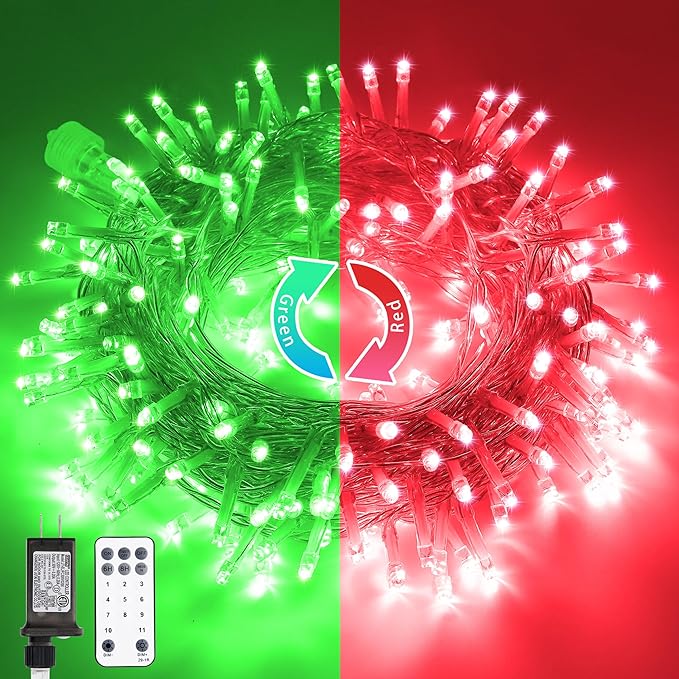 JMEXSUSS 200 LED String Lights Outdoor for Christmas Decor, Red & Green Christmas Lights Clear Wire, 11 Modes Connectable Twinkle String Light Plug in for Garden Home Xmas Decorations