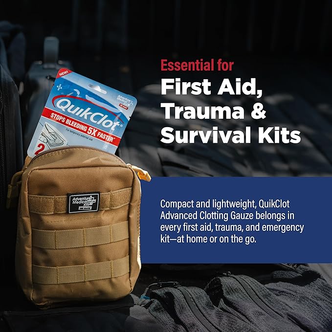 Adventure Medical Kits QuikClot Advanced Clotting Gauze - Stops Bleeding Up to 5X Faster Than Standard Gauze - Kaolin Hemostatic Dressing - for First Aid Kits & Survival Gear - 3 x 24