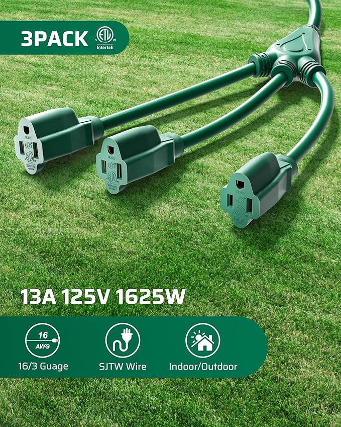 DEWENWILS Extension Cord Splitter 1 to 3, 16/3 Heavy Duty SJTW Wire, 3 Prong Splitter 3 Way, 18 Inches Indoor Cord Splitter for Halloween Decor Christmas Lights, ETL Listed, Green, Pack of 3