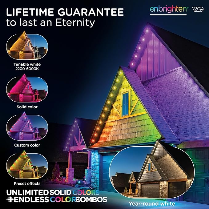 Enbrighten Vibe Eternity Permanent Outdoor Lights for House, 150ft, 108 RGBWIC LEDs, Close Spacing, 33lm, Color Changing, Christmas, Eave Lighting, Smart App, Works with Alexa, Google Home, 85103