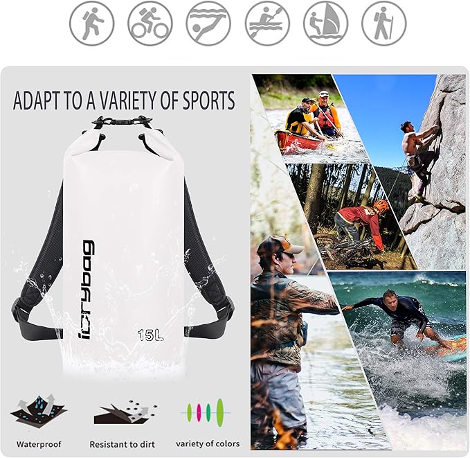 IDRYBAG Dry Bag for Kayaking Waterproof 2L/5L/10L/15L/20L, Small Dry Sack Waterproof Bag for Boating