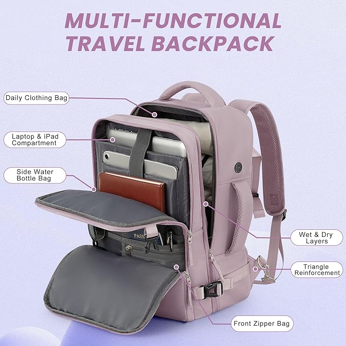 Sinaliy Travel Backpack, Carry on Flight Approved Backpack with Multi-Pockets, TSA Waterproof 17.3inch Laptop Backpack, Personal Item Travel Bag for Men Women, Light Purple