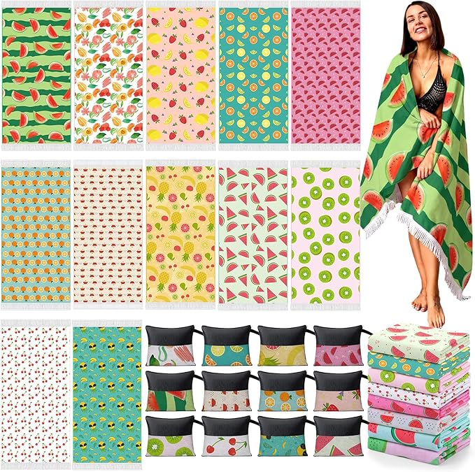 Peryiter 24 Pack Microfiber Oversize Turkish Beach Towel Set 12 Large Absorbent Beach Towels with 12 Storage Bag 28 x 55 Quick Dry Lightweight Bath Towel Blanket for Hawaii Camp Swim Pool(Fruit)