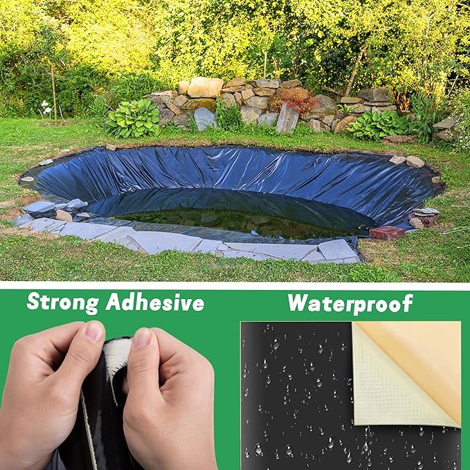 Adnee 2 Pcs Pond Liner Repair Patch-10 x 10 Inches Self-Adhesive EPDM Liner Repair Patch Kit-Thickened Square Rubber Pond Liner Seam for EPDM Garden Pond Patch Cover Repair