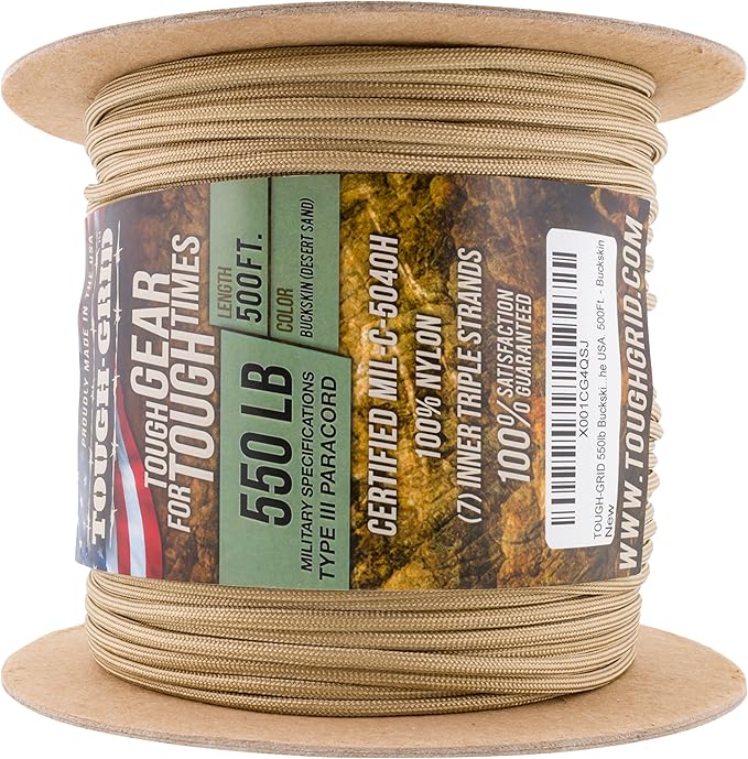 TOUGH-GRID 550 Paracord, Type III Mil-Spec Nylon Rope - 500 Ft Buckskin Tactical Survival Cord