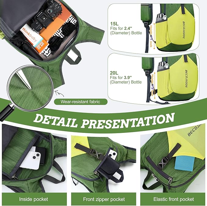 BECOJADDE 15L Small Hiking Backpack for Men Women Foldable Packable Back Pack Ultralight Hiking Daypack for Travel Camping Outdoor, Olive Green Yellow