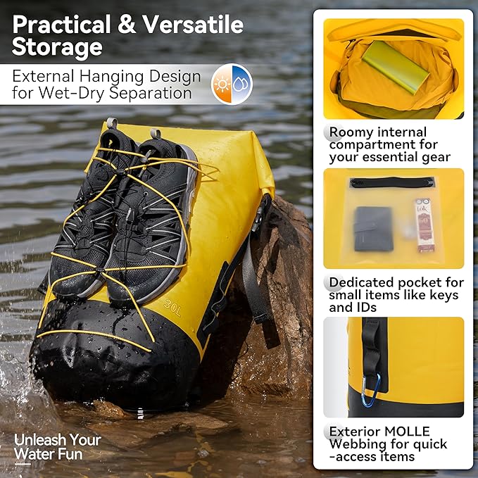 MARCHWAY Floating Roll Top Dry Bag, Flexible Lightweight TPU Waterproof Backpack 20L/30L/40L with Padded Straps for Boating, Kayaking, Swimming, Hiking, Beach (Yellow, 40L)