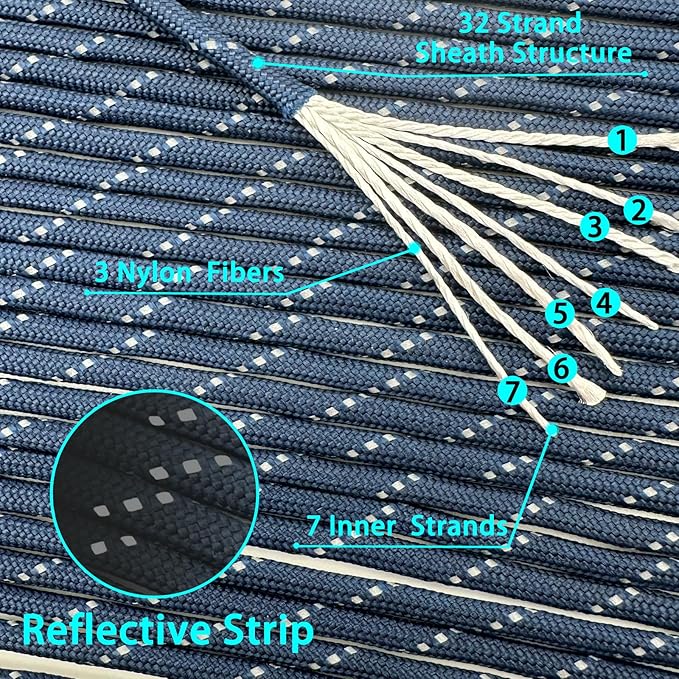 VVAAGG Reflective Paracord Rope 100FT, 7 Strand Nylon para Cord Lanyard Utility 550 Parachute Cord, 4mm Thin Tent Rope for Outdoor Camping Hiking
