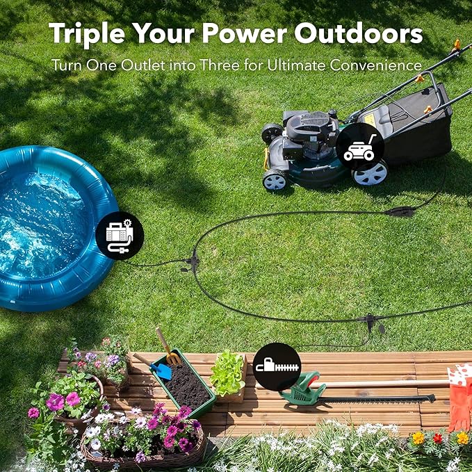 BN-LINK 25 ft Outdoor Extension Cord w/3 Inline Outlets 16/3 Gauge, SJTW for Landscaping & Holiday Decorations, Grounded, ETL Listed(Black)