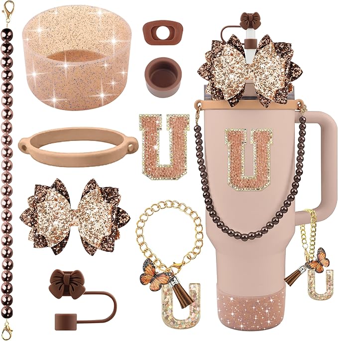 9PCS Brown for Stanley Cup Accessories Set Bling Initials Bow Charms for Stanley Decorations 30/40 Oz Tumbler Accessories Including Bow Straw Topper, Handle Strap, Spill Stopper（Letter U）