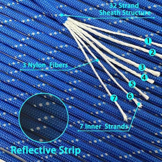 VVAAGG Reflective Paracord Rope 100FT, 7 Strand Nylon para Cord Lanyard Utility 550 Parachute Cord, 4mm Thin Tent Rope for Outdoor Camping Hiking