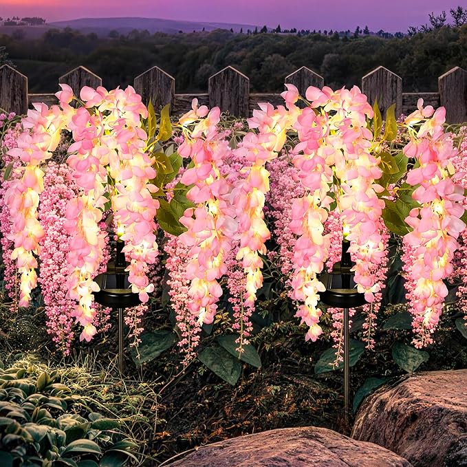 GIGALUMI Solar Lights Outdoor for Garden Decor, 2 Pack Solar Flower Lights Waterproof, 2 Lighting Modes Wisteria for Pathway,Yard, Patio Decoration, Gardening Gifts for Women (Pink)