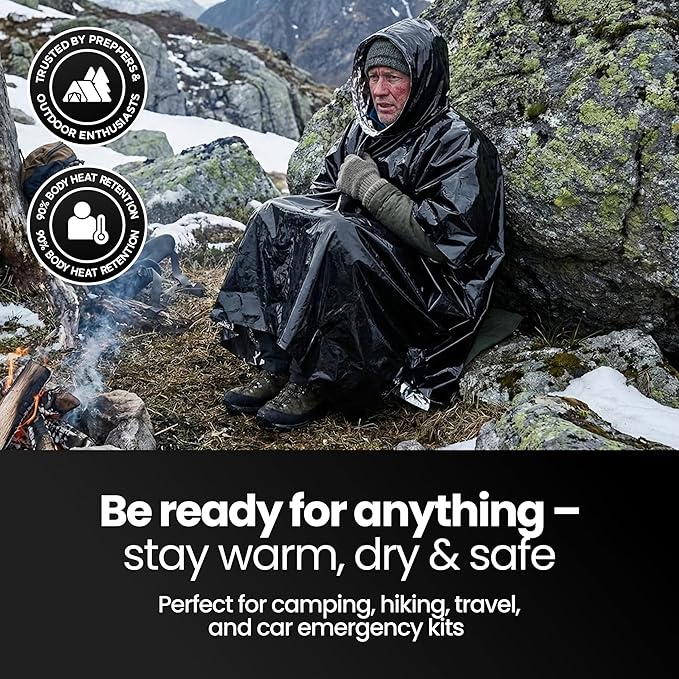Wallaby 4-Pack Emergency Mylar Ponchos – Universal Fit Thermal Poncho with 90%+ Heat Retention,