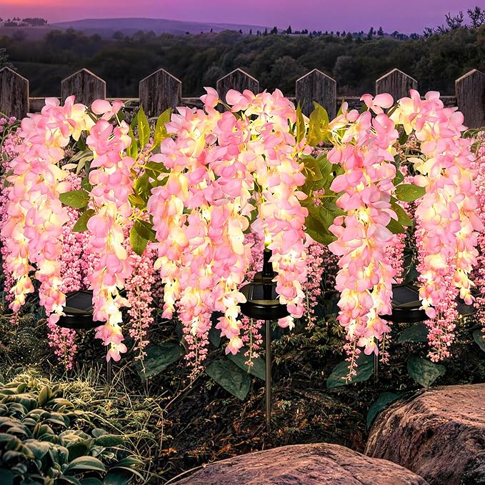 GIGALUMI Solar Lights Outdoor for Garden Decor, 3 Pack Solar Flower Lights Waterproof, 2 Lighting Modes Wisteria for Pathway,Yard, Patio Decoration, Gardening Gifts for Women (Pink)