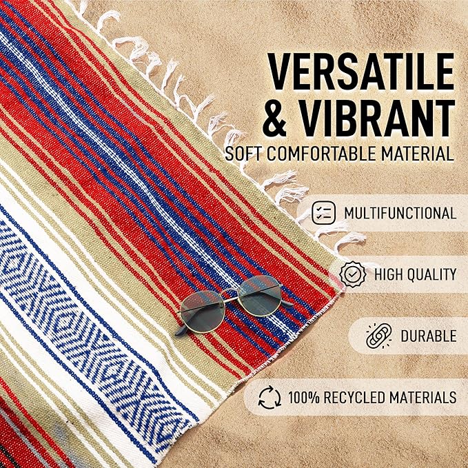 Hydration Nation Authentic Large Handwoven Mexican Striped Throw Blanket - Soft, Durable, Eco-Friendly - 70"x50" – Sunrise
