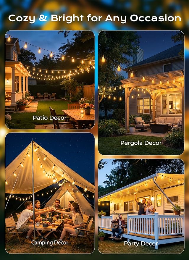 Brightown 52FT Solar String Lights Outdoor Waterproof, Patio Lights with Remote and 15+1 LED Shatterproof Bulbs, Dimmable & Timable, 3 Light Modes, Solar Lights Outdoor for Yard Garden Camping Party