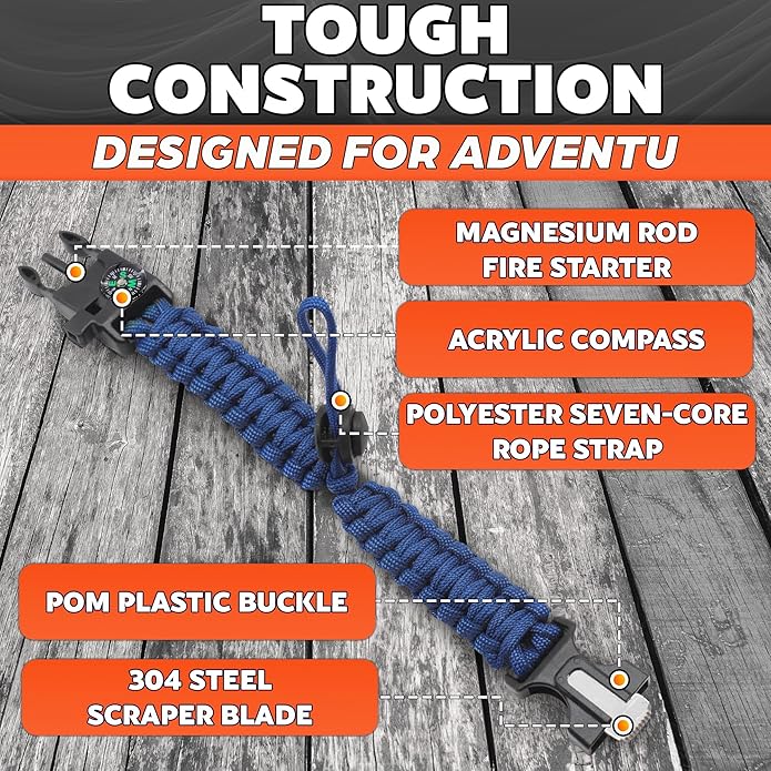 Paracord Bracelets for Men and Women – Adjustable Survival Paracord Bracelet with 10 ft Nylon Survival Cord, Flint Fire Starter, Compass, Whistle & Scraper – Gear for Camping, Hiking, Fishing & Travel