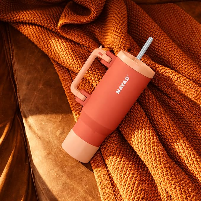 NAYAD 40oz Travel Tumbler with Handle and Straw|Cup Holder Friendly Insulated Stainless Steel Dual Straw-Sip Lid Folding Handle Cupholder Compatible for Travel or Gift| BPA-Free(Orange)