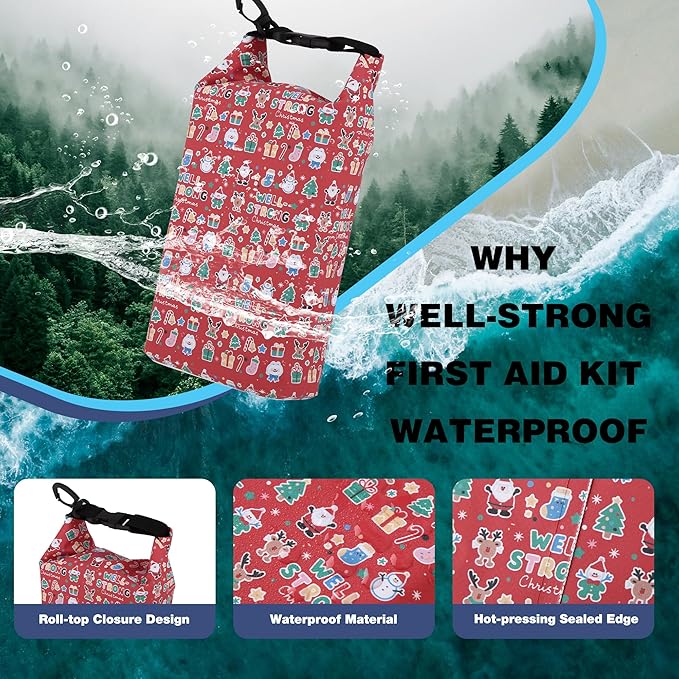 Boat First Aid Kit Waterproof, WELL-STRONG Marine Emergency Kit with Roll Top Dry Bag for Boating Fishing Kayaking – Water-Resistant Contents for Camping & Beach（Christmas）