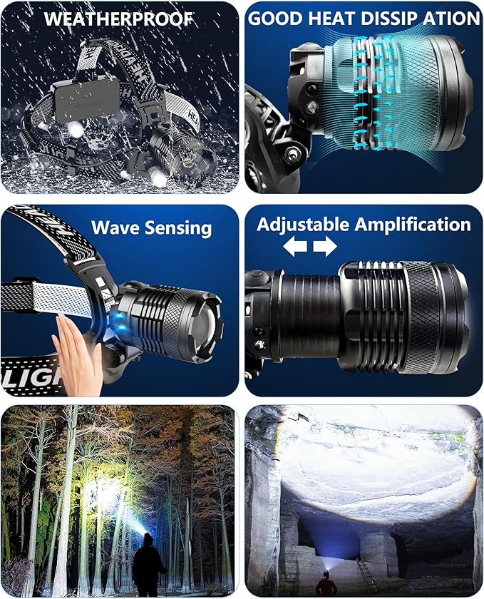Headlamp Rechargeable -100,000LM Bright LED HeadLamp, 40H Runtime, Waterproof Headlights for Forehead, 3Mode Headlight 90° Adjustable & Zoomable Headlamps for Adults Camping Fishing Hiking