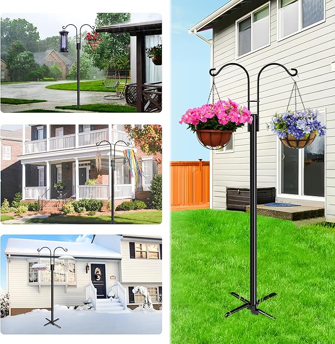XDW-GIFTS Double Shepherds Hooks for Outdoor, 2-Pack Heavy Duty Garden Pole for Hanging Bird Feeder, Plant Baskets, Solar Light Lanterns, Garden Plant Hanger Stands with 5 Base Prongs