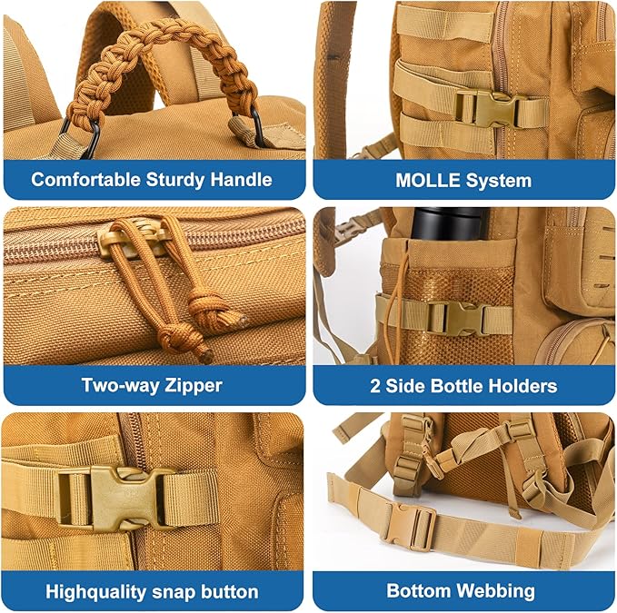 Tactical Backpack for Men, 35L Travel Military Backpack with Shoe Compartment, 1000D Water Resistant Molle Rucksack for Outdoor Hiking Travel Camping, Khaki Color