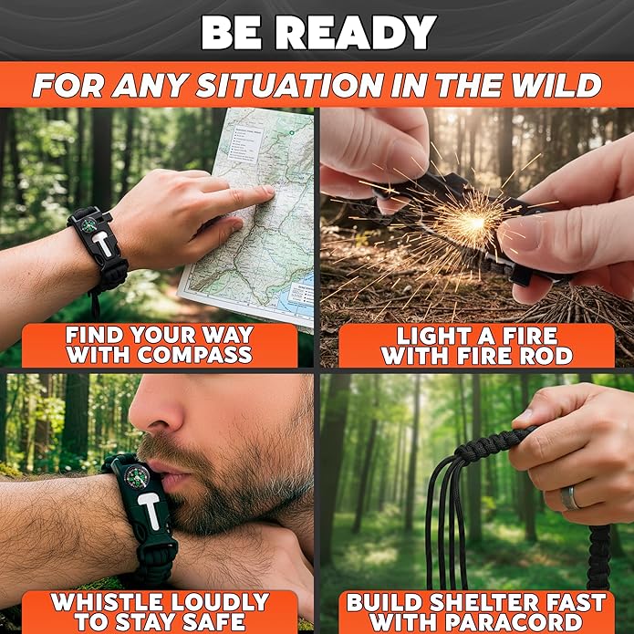 Paracord Bracelets for Men and Women – Adjustable Survival Paracord Bracelet with 10 ft Nylon Survival Cord, Flint Fire Starter, Compass, Whistle & Scraper – Gear for Camping, Hiking, Fishing & Travel