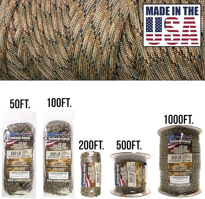 TOUGH-GRID 550 Paracord, Type III Mil-Spec Nylon Rope - 50 Ft Mixed Camo Tactical Survival Cord