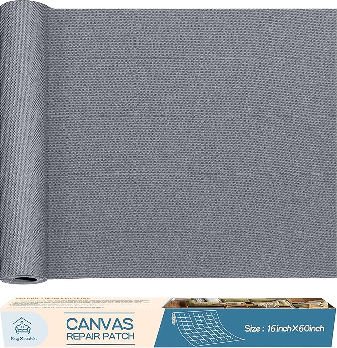 KING MOUNTAIN Canvas Repair Patch 16×60 Inch Self-Adhesive Waterproof Fabric Patch for Sofas, Tents, Furniture,Tote Bags, Car Seats (Grey-1)