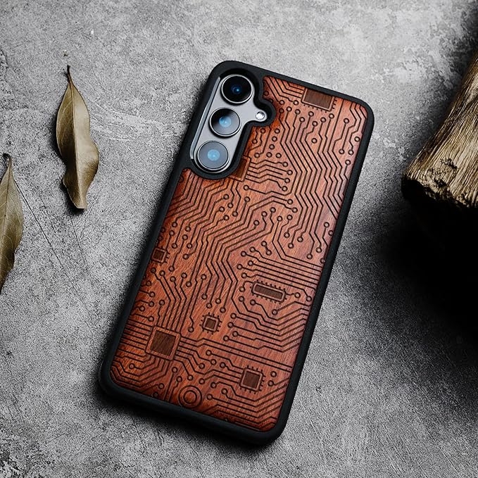 Carveit Wood Case for Galaxy S24 Plus Case [Natural Wood & Black Soft TPU] Shockproof Protective Cover Unique Wooden Design Compatible with S24 Plus (Motherboard-Rosy)