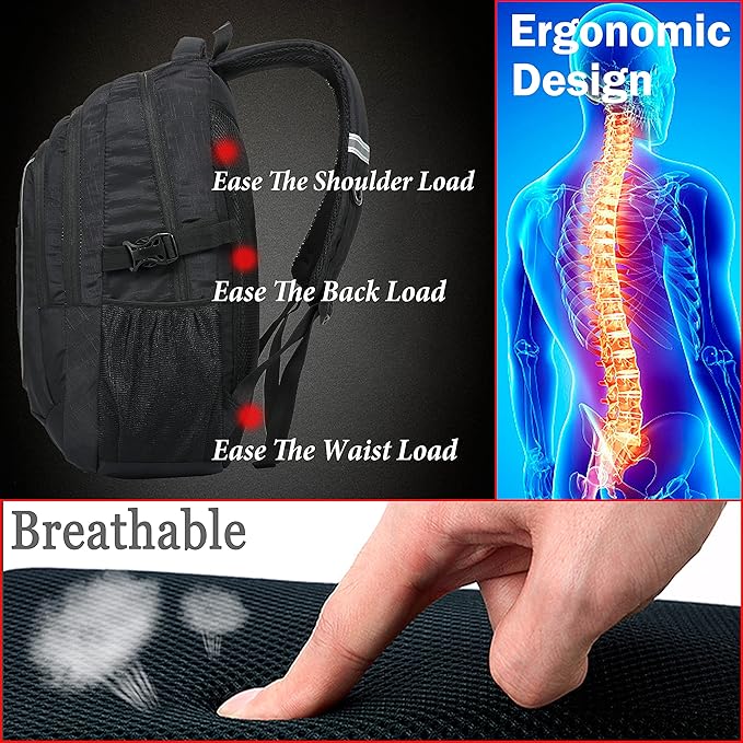 ProEtrade Backpack Bookbag for College Sturdy Travel Business Hiking Fit Laptop Up to 15.6 Inch Multi Compartment Gifts for Men Women Night Light Reflective (Black)