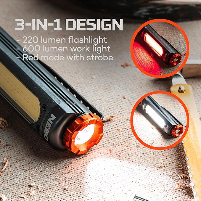 NEBO Big Larry 3 Work Light | USB-C Rechargeable, 600 Lumens, 7 Light Modes, Magnetic COB Task Lamp & LED Flashlight, Steel Pocket Clip, Hands-Free Use, Water Resistant