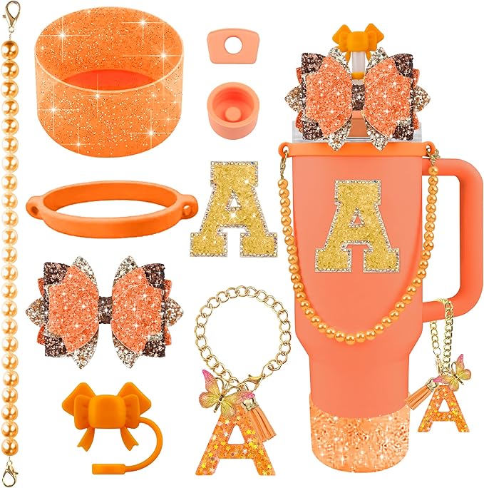 9PCS Orange for Stanley Cup Accessories Set Bling Initials Bow Charms for Stanley Decorations 30/40 Oz Tumbler Accessories Including Bow Straw Topper, Handle Strap, Spill Stopper（Letter A）