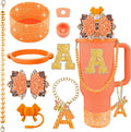 9PCS Orange for Stanley Cup Accessories Set Bling Initials Bow Charms for Stanley Decorations 30/40 Oz Tumbler Accessories Including Bow Straw Topper, Handle Strap, Spill Stopper（Letter A）