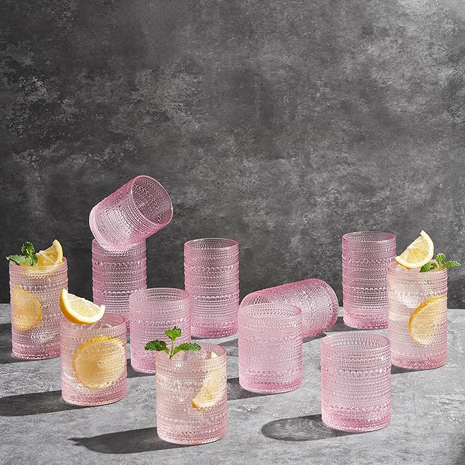 Khen Hobnail Beaded Highball Drinking Tumbler Glasses | Set of 12 | Pink Blush Color, Vintage Bubble Design Whiskey Glassware, Old-Fashioned, Embossed Design for Water, Wine, Cocktail, Rocks Glass