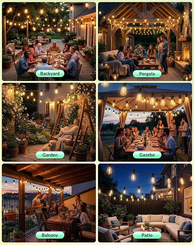 Outdoor String Lights LED Patio-Light - 65Ft Outside Waterproof Dimmable Porch Lights with Remote Shatterproof S14 Bulbs Outside Hanging Light Connectable Lighting for Gazebo Backyard Bistro Pergola