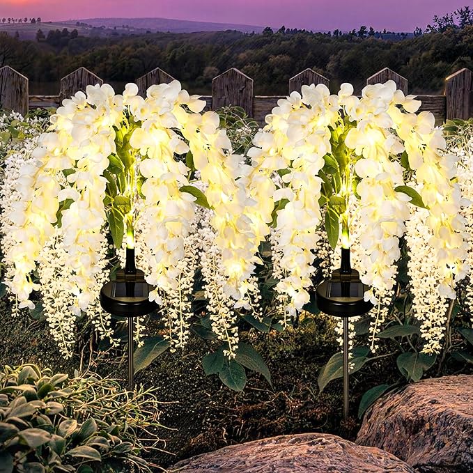 GIGALUMI Solar Lights Outdoor for Garden Decor, 2 Pack Solar Flower Lights Waterproof, 2 Lighting Modes Wisteria for Pathway,Yard, Patio Decoration, Gardening Gifts for Women (White)