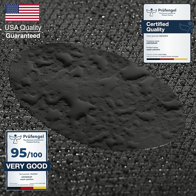 aZengear Repair Patches - Waterproof, Self-Adhesive, Tear-Cold-Heat-Resistant Polyester Fabric to Fix Down Jacket, Puffer, Snowsuit, Shoe, Tent, PVC, Clothing, Upholstery (Black)