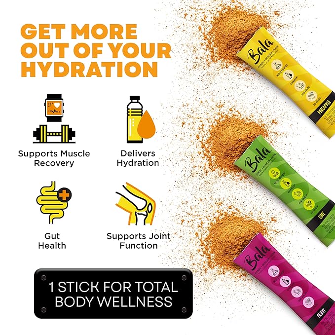 Bala Total Body Wellness Drink Mix, Hydrate & Recover Variety Pack, Pineapple, Lime & Berry, 4 Per Flavor, Zero Sugar Electrolytes Powder Packets with Enzymes & Amino Acids, Turmeric Drink, 12 Count