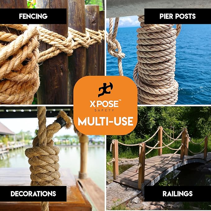 Manila Rope - 1/4 Inch 600' - 3 Strand Cordage Twisted Braided Rope - Thick Natural Fiber for Marine, Decorative for Crafts, Porch Column, Outdoor Pole Wrap, Tree Swing 6 Pack