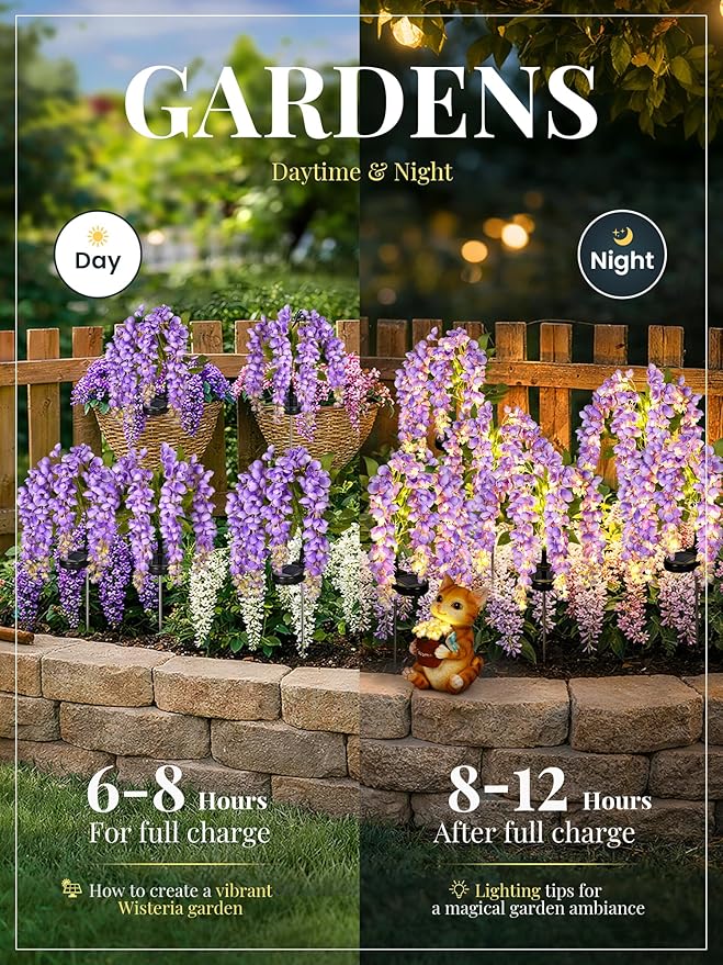 GIGALUMI Solar Lights Outdoor for Garden Decor, 3 Pack Solar Flower Lights Waterproof, 2 Lighting Modes Wisteria for Pathway,Yard, Patio Decoration, Gardening Gifts for Women (Purple)