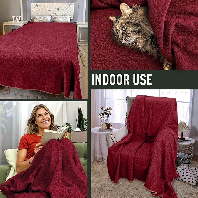 Large Military Wool Blanket - Warm & Thick Emergency Survival Blanket Great for Camping, Outdoors, Sports Events, Picnics, 4.5 lbs, 64" x 88" (Maroon)