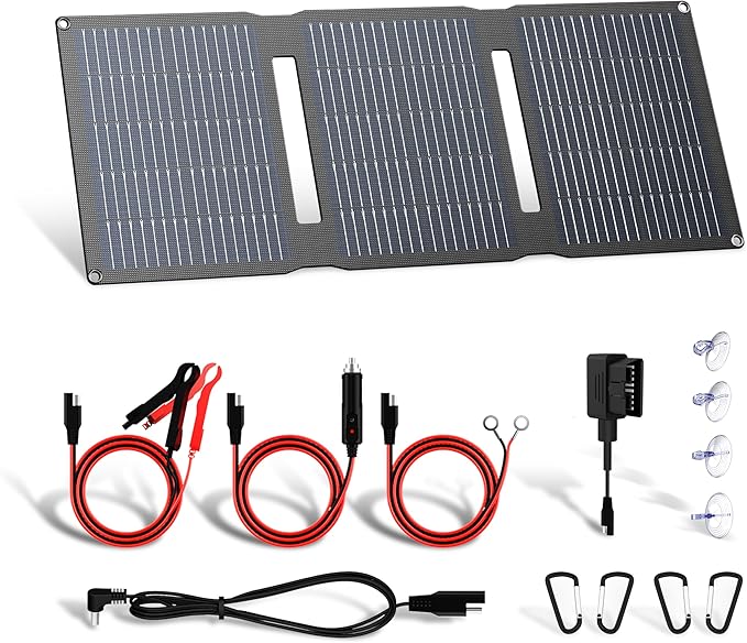 FlexSolar 28W 12V Portable Solar Panel Battery Charger Maintainer Kits Trickle Charger with Built-in Charge Controller, Cig Plug, Alligator Clips, O-Rings OBDII Connector for Car, Truck,Tractor, Boat