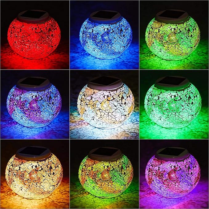 WSgift Color Changing Solar Powered Glass Mosaic Ball Led Garden Lights, Rechargeable Solar Table Lights, Outdoor Waterproof Solar Night Lights Table Lamps for Decorations, Ideal Gifts