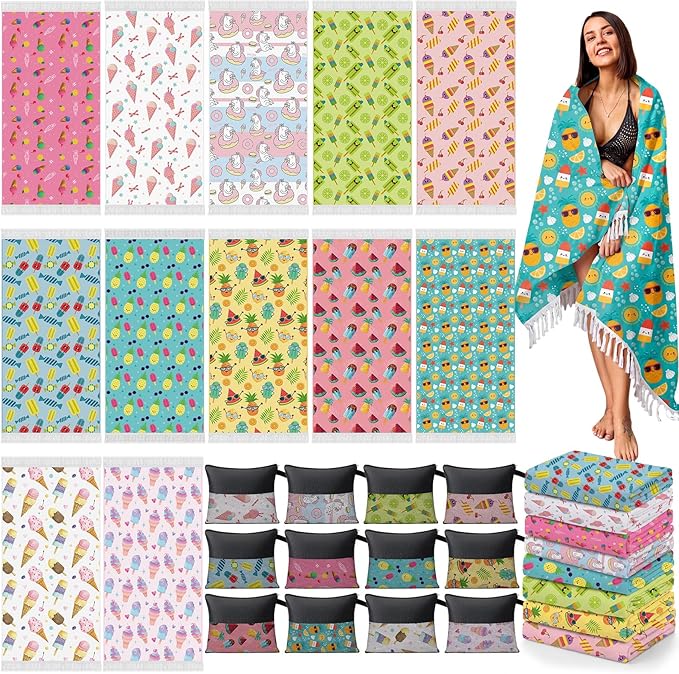 Peryiter 24 Pack Microfiber Oversize Turkish Beach Towel Set 12 Large Absorbent Beach Towels with 12 Storage Bag 28 x 55 Quick Dry Lightweight Bath Towel Blanket for Hawaii Camp Swim Pool(Ice Cream)