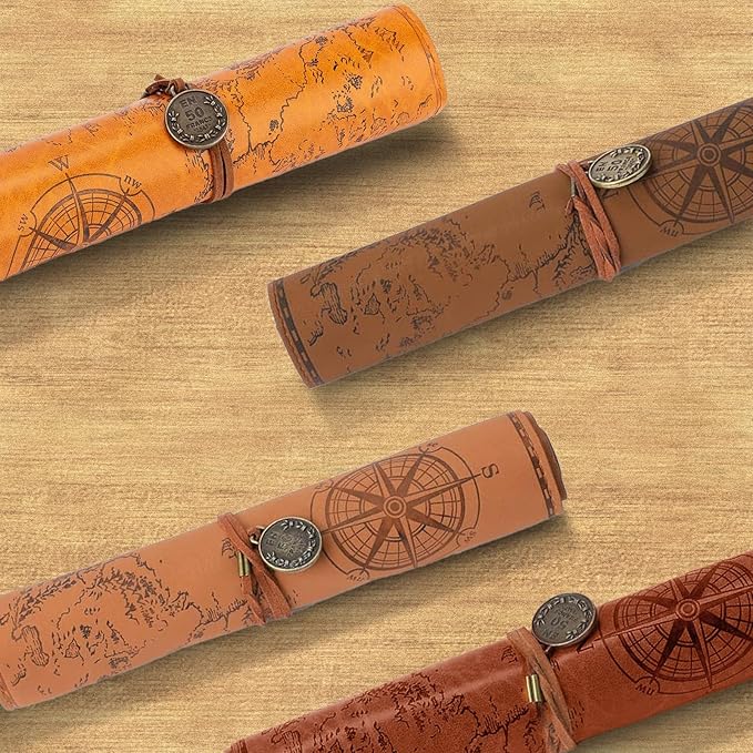 4 Pieces Leather Pencil Case, Creative Map Rollup Pencil Bag, Vintage Makeup Brush Pouch, Brown PU Matte Smooth Cover Storage Pouch Holder Organizer