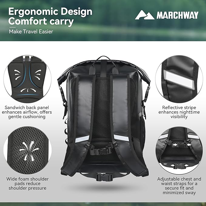 MARCHWAY Roll Top Waterproof Backpack, Floating Dry Bag 20L/30L/45L with Ergonomic Rectangular Base, Cushioned Back, Hip Strap for Hiking Camping Kayaking Travel (Black, 20L)